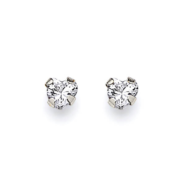 Heart Solitaire Stud Earrings with White CZ in 14K White Gold and Butterfly Backing