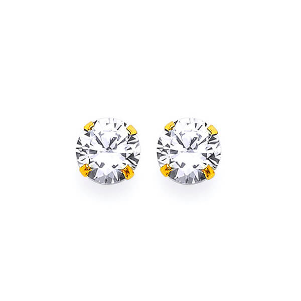 Solitaire Stud Earrings with White CZ in 14K Gold and Screw Backing