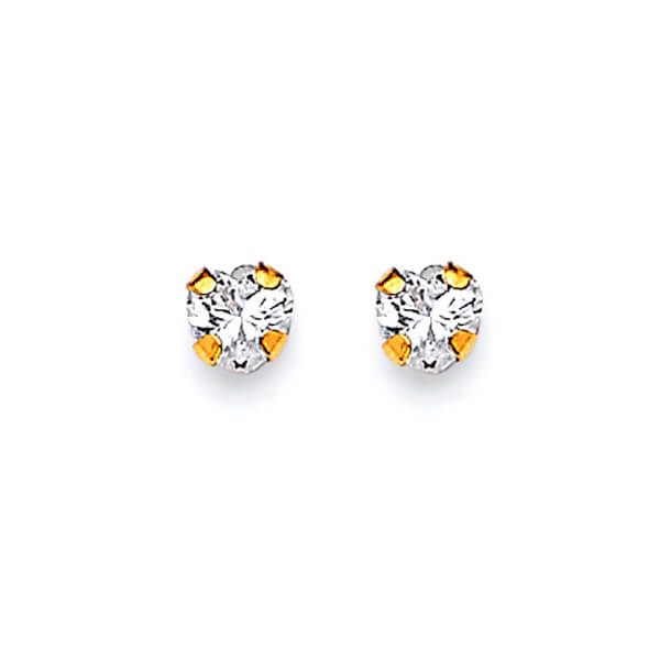 Heart Solitaire Stud Earrings with White CZ in 14K Gold and Screw Backing