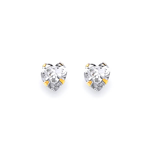 Heart Solitaire Stud Earrings with White CZ in 14K Gold and Screw Backing