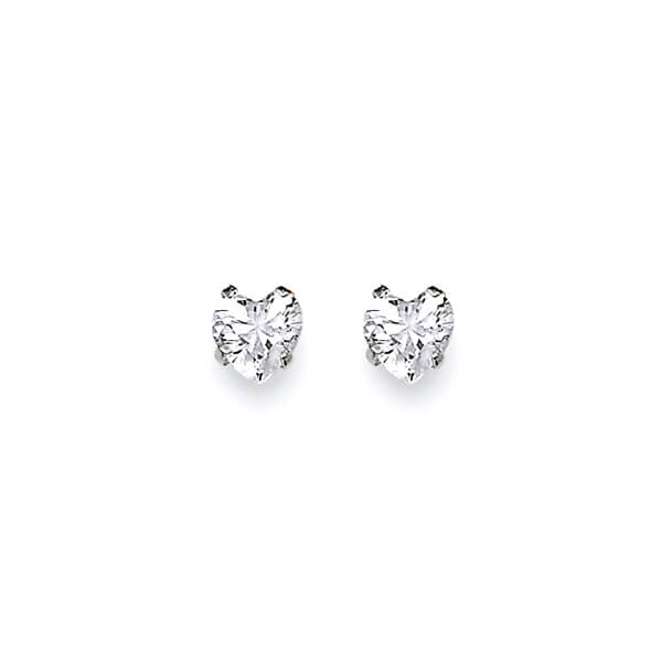 Heart Solitaire Stud Earrings with White CZ in 14K White Gold and Screw Backing