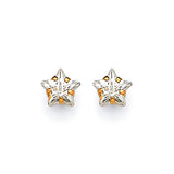 Star Solitaire Stud Earrings with White CZ in 14K Gold and Screw Backing