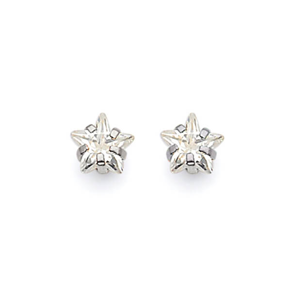 Star Solitaire Stud Earrings with White CZ in 14K White Gold and Butterfly Backing