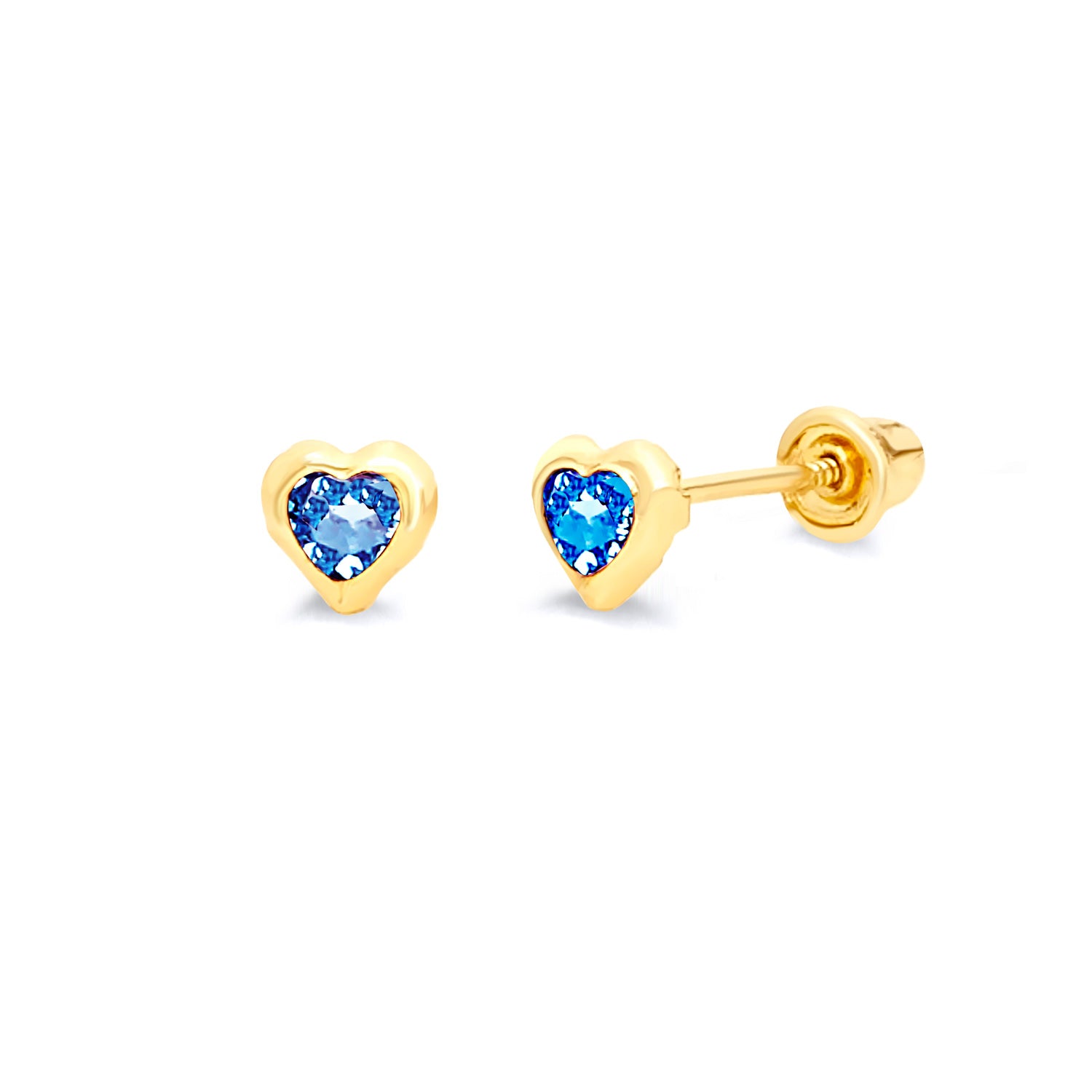 Heart Solitaire Stud Earrings with Blue CZ in 14K Gold and Screw Backing