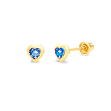 Heart Solitaire Stud Earrings with Blue CZ in 14K Gold and Screw Backing