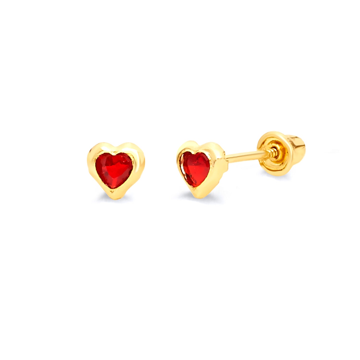 Heart Solitaire Stud Earrings with Red CZ in 14K Gold and Screw Backing