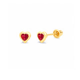 Heart Solitaire Stud Earrings with Red CZ in 14K Gold and Screw Backing