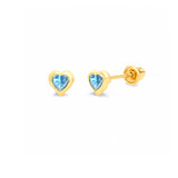Heart Solitaire Stud Earrings with Light Blue CZ in 14K Gold and Screw Backing