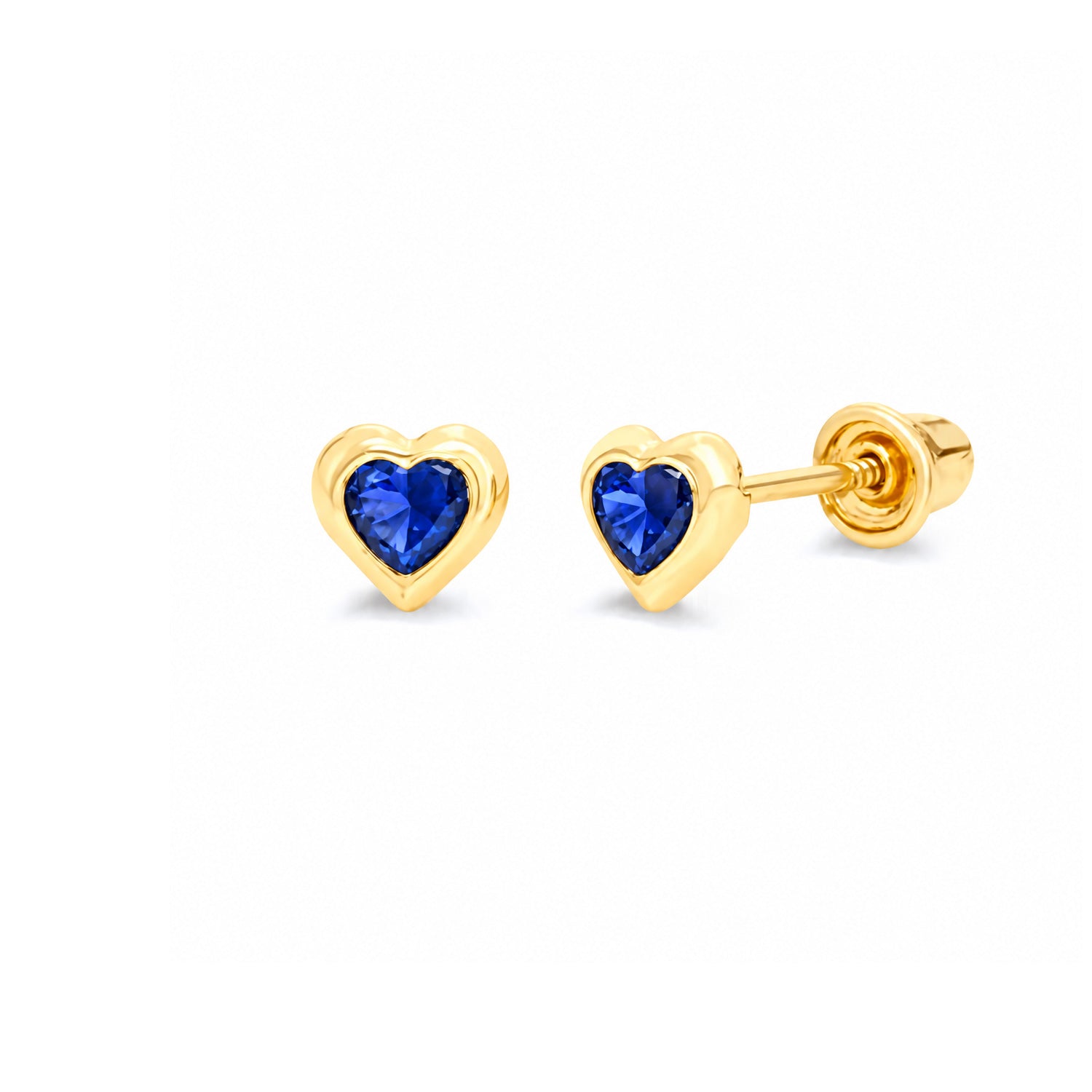 Heart Solitaire Stud Earrings with Blue CZ in 14K Gold and Screw Backing