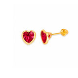 Heart Solitaire Stud Earrings with Red CZ in 14K Gold and Screw Backing