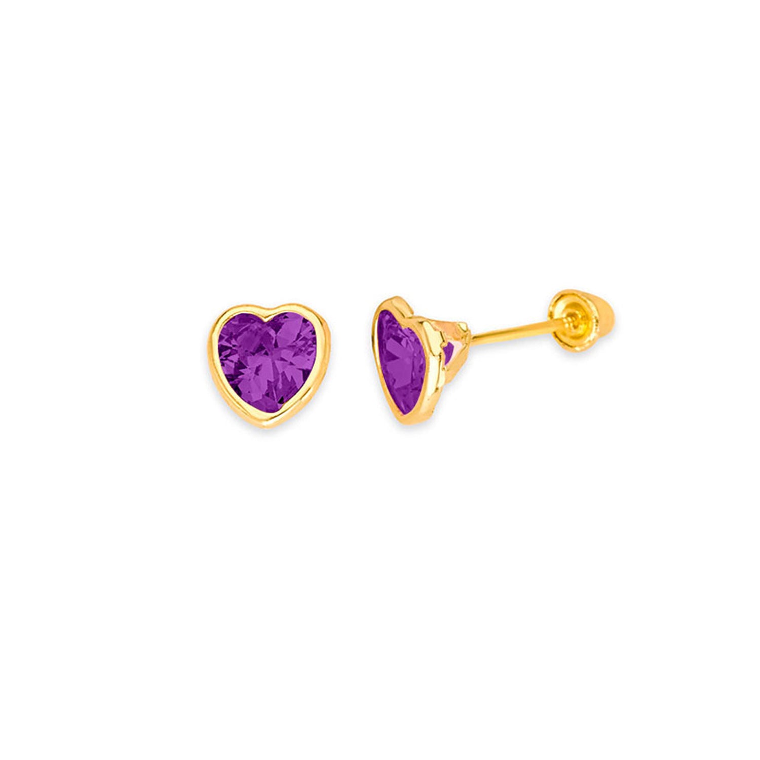Heart Solitaire Stud Earrings with Purple CZ in 14K Gold and Screw Backing