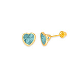 Heart Solitaire Stud Earrings with Light Blue CZ in 14K Gold and Screw Backing