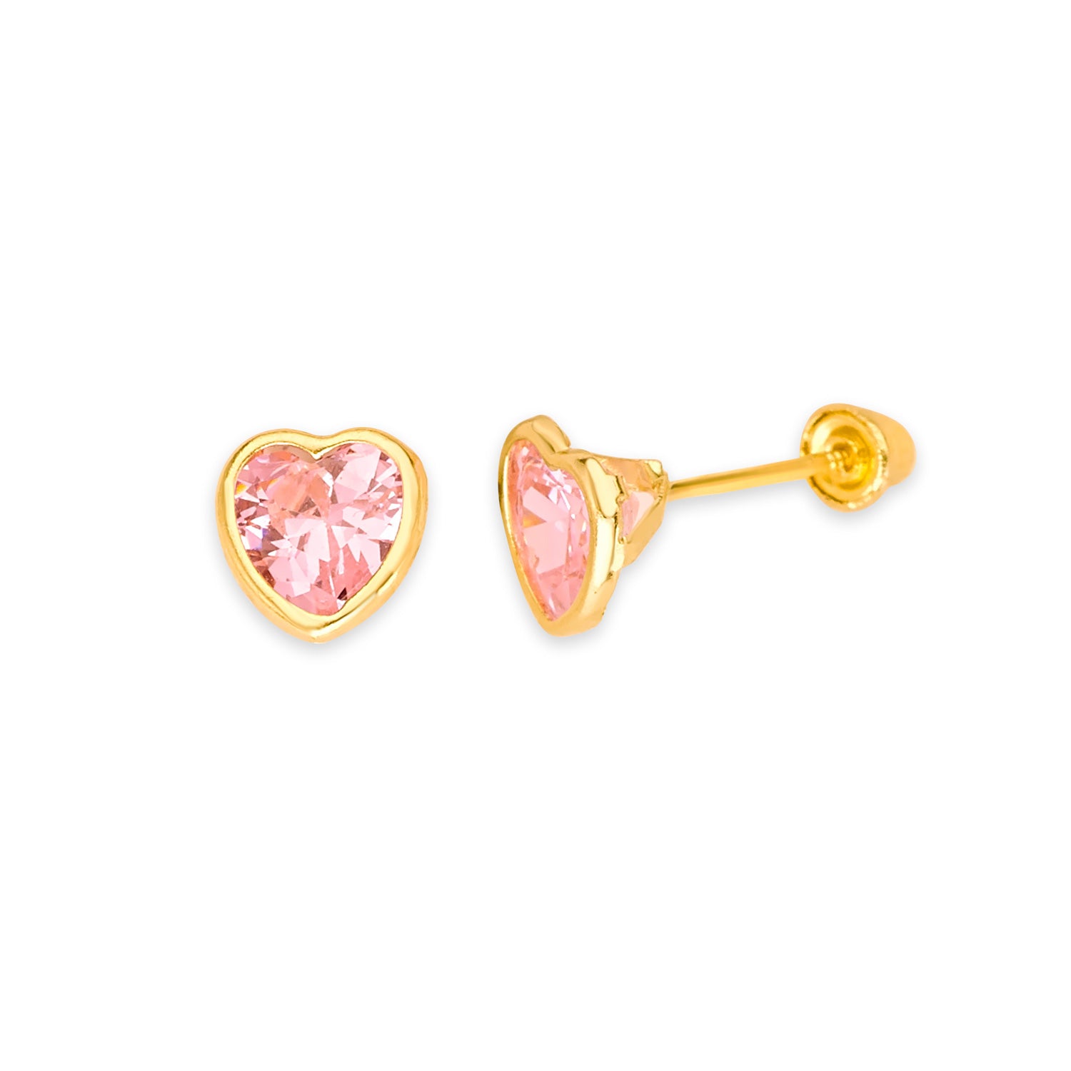 Heart Solitaire Stud Earrings with Pink CZ in 14K Gold and Screw Backing