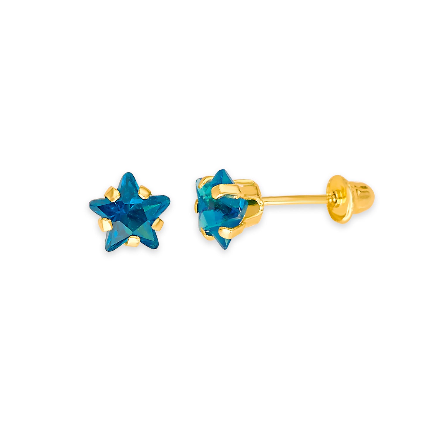 Star Solitaire Stud Earrings with Blue CZ in 14K Gold and Screw Backing