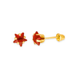 Star Solitaire Stud Earrings with Red CZ in 14K Gold and Screw Backing