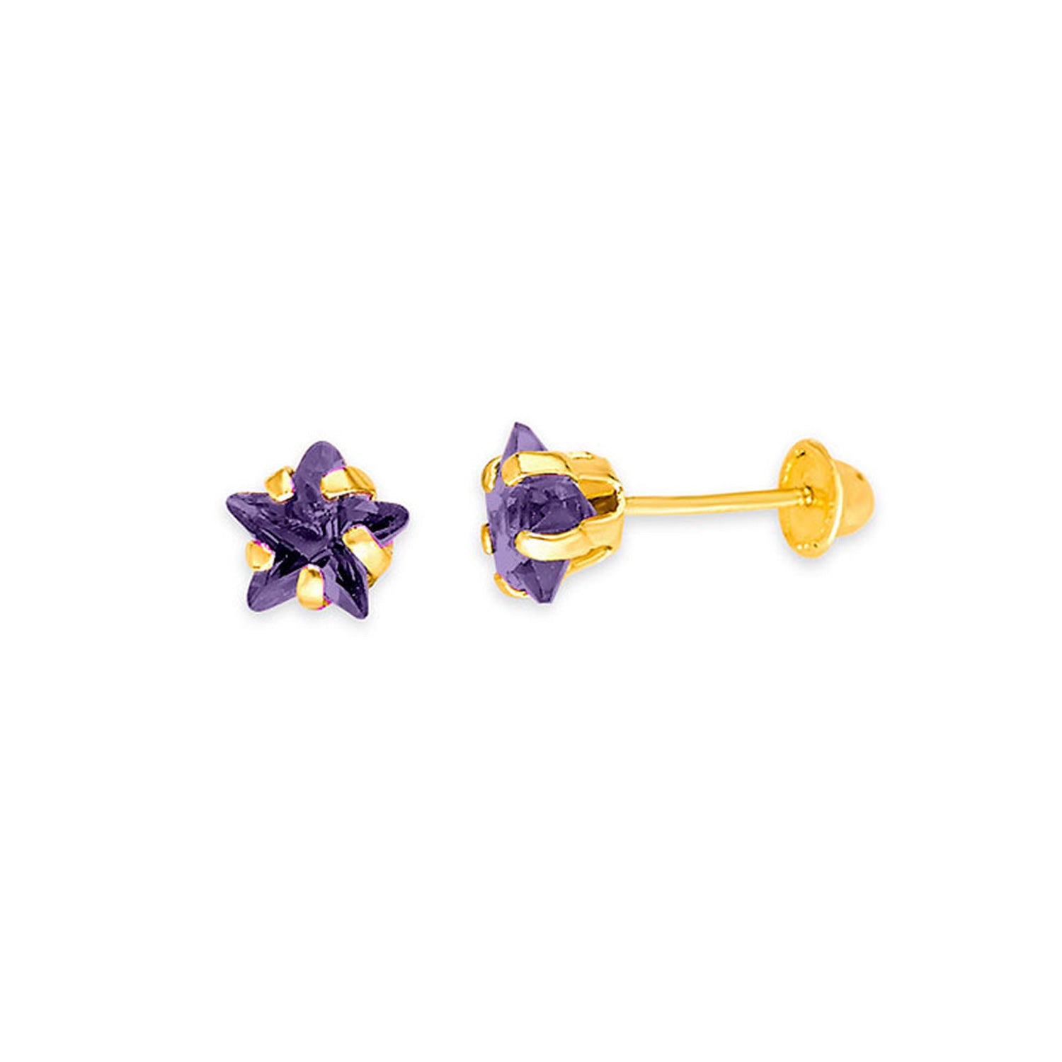 Star Solitaire Stud Earrings with Purple CZ in 14K Gold and Screw Backing
