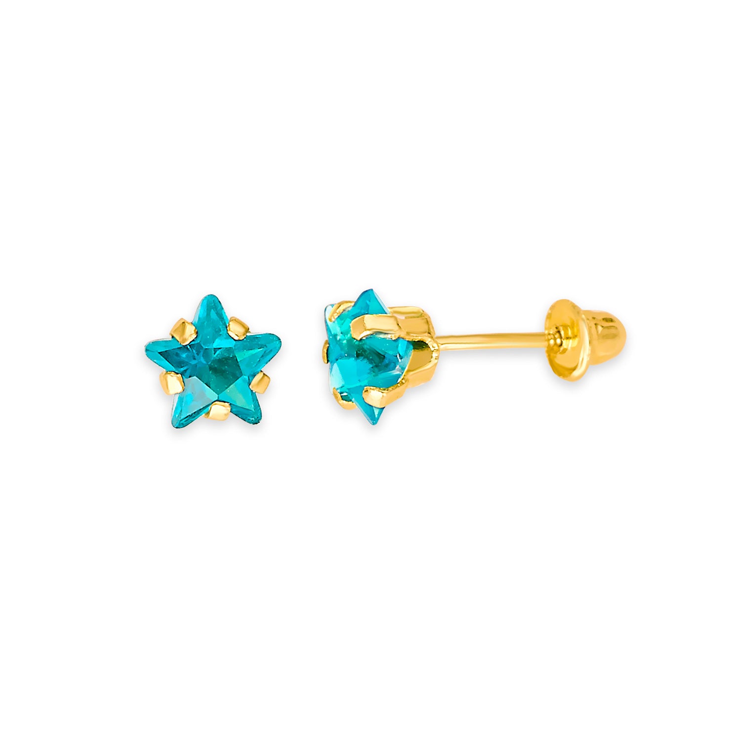 Star Solitaire Stud Earrings with Blue CZ in 14K Gold and Screw Backing