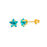 Star Solitaire Stud Earrings with Blue CZ in 14K Gold and Screw Backing