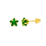 Star Solitaire Stud Earrings with Green CZ in 14K Gold and Screw Backing