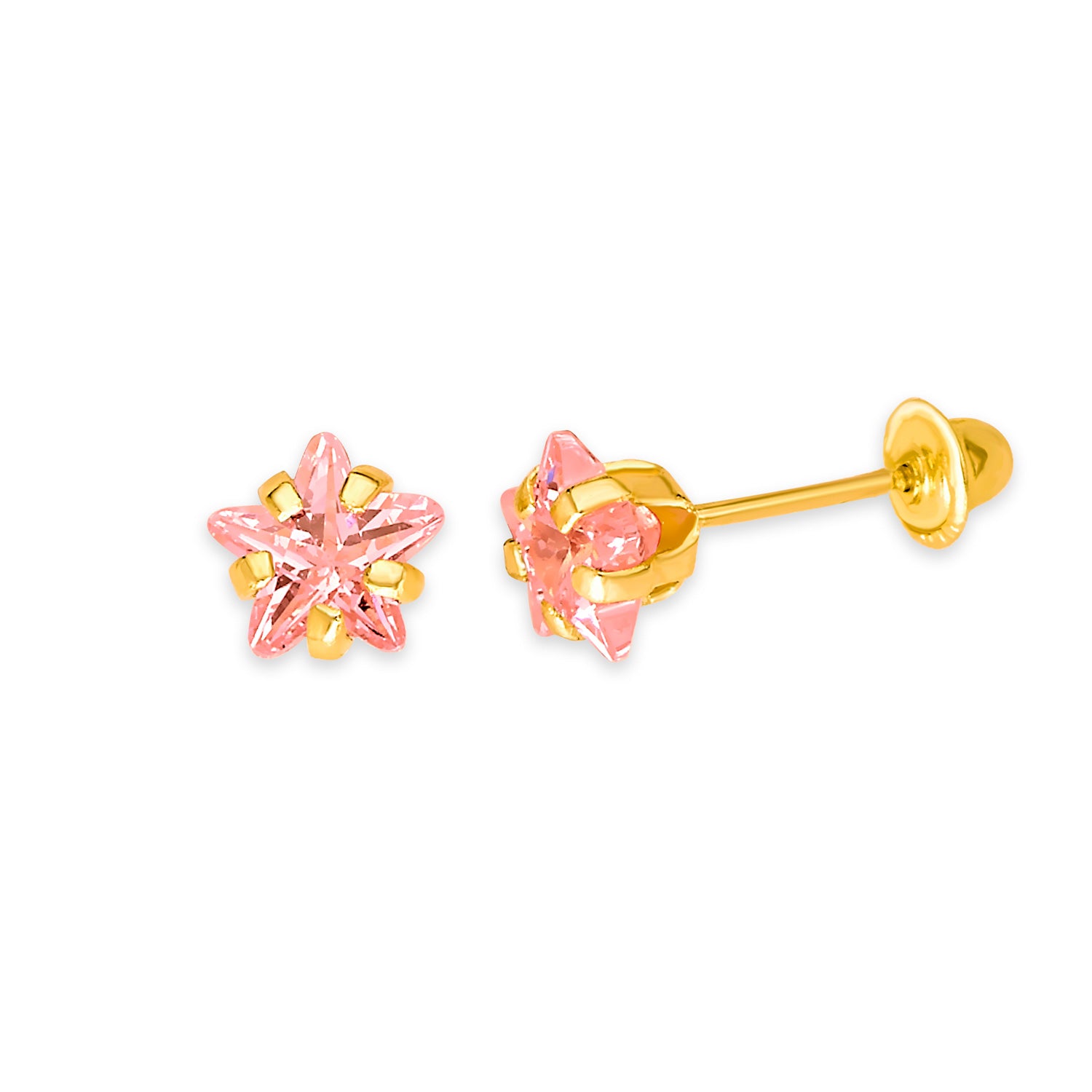 Star Solitaire Stud Earrings with Pink CZ in 14K Gold and Screw Backing