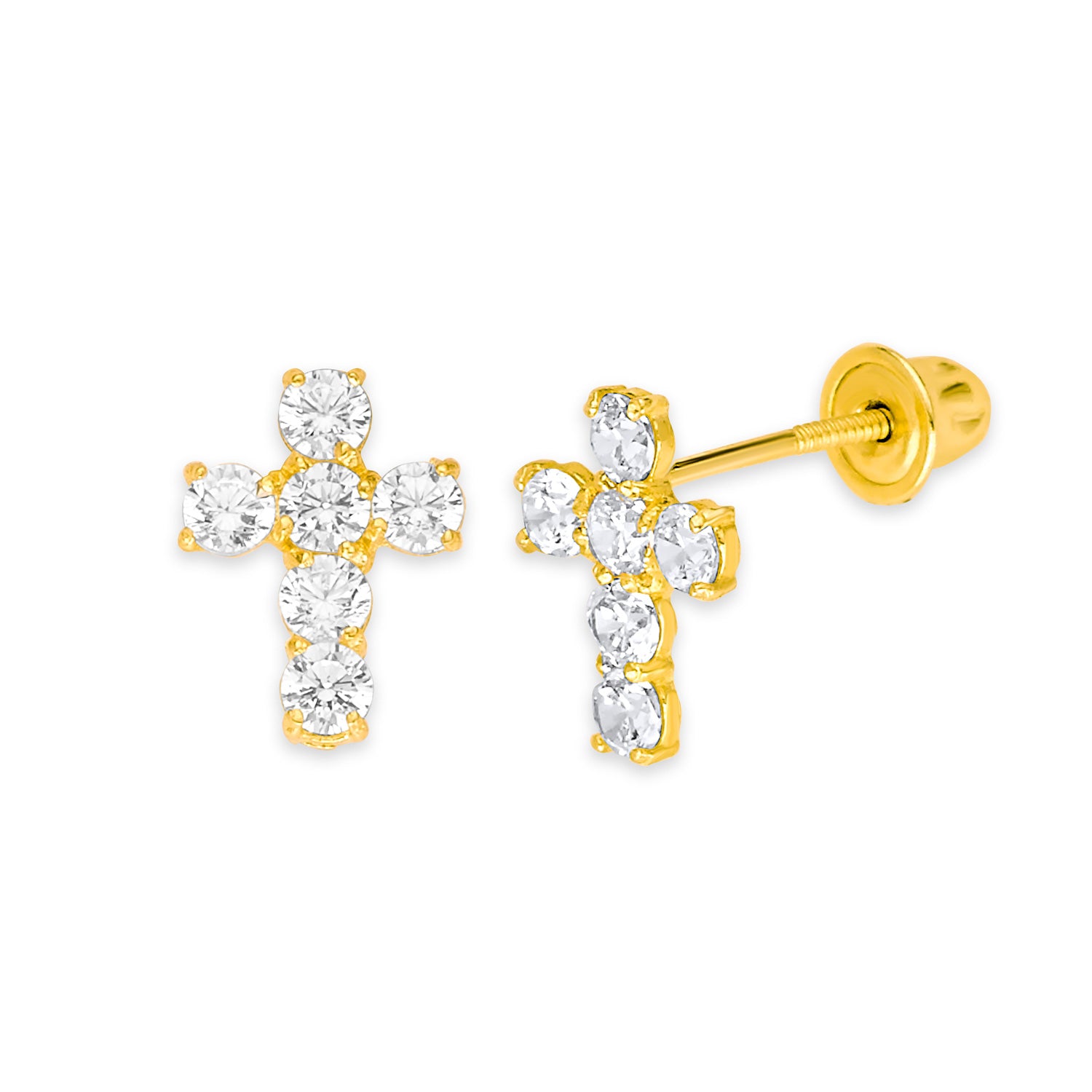Cross Stud Earrings with White CZ in 14K Gold and Screw Backing