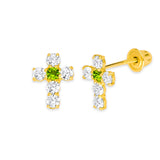 Cross Stud Earrings with Green & White CZ in 14K Gold and Screw Backing