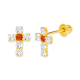 Cross Stud Earrings with Red & White CZ in 14K Gold and Screw Backing