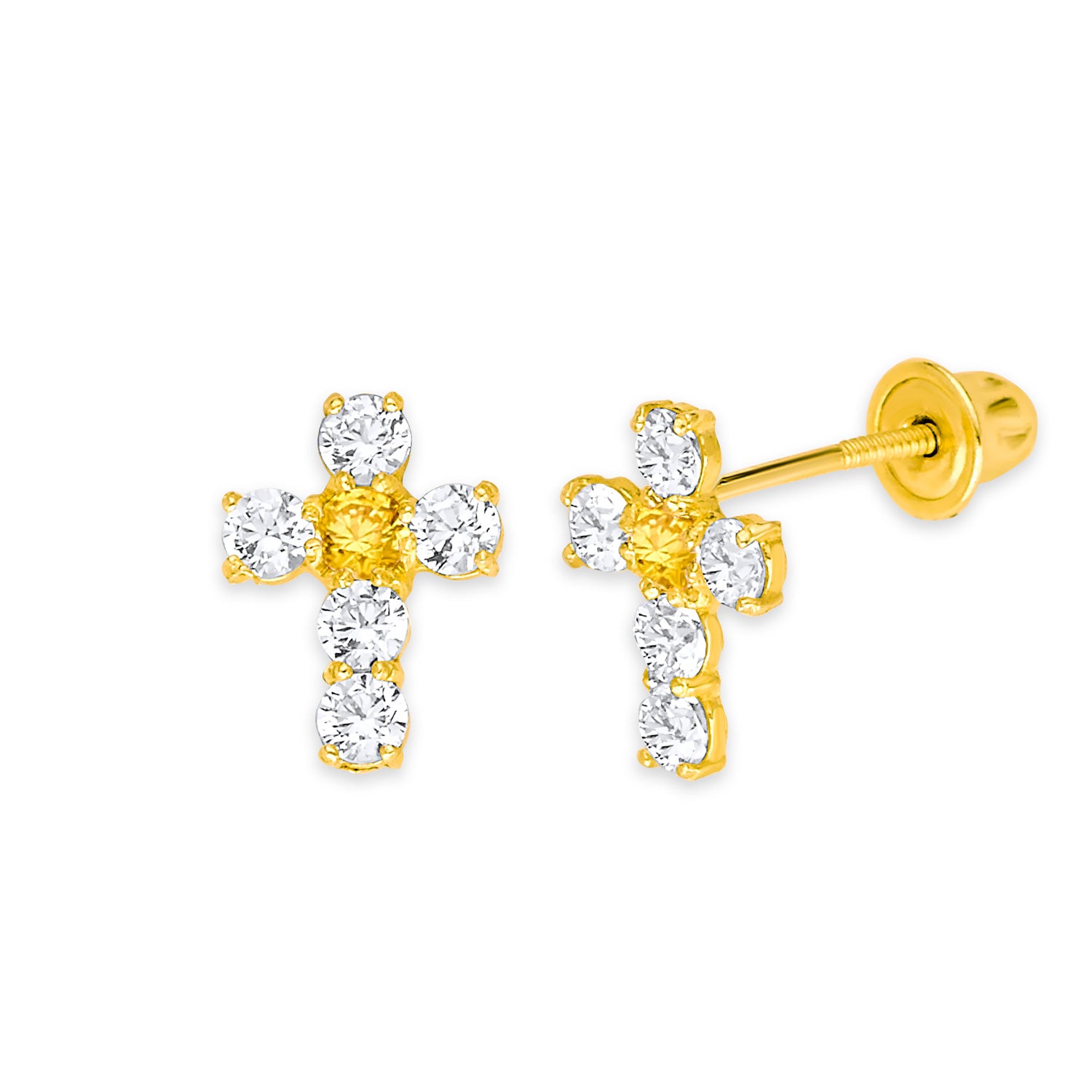 Cross Stud Earrings with Yellow & White CZ in 14K Gold and Screw Backing