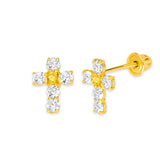 Cross Stud Earrings with Yellow & White CZ in 14K Gold and Screw Backing