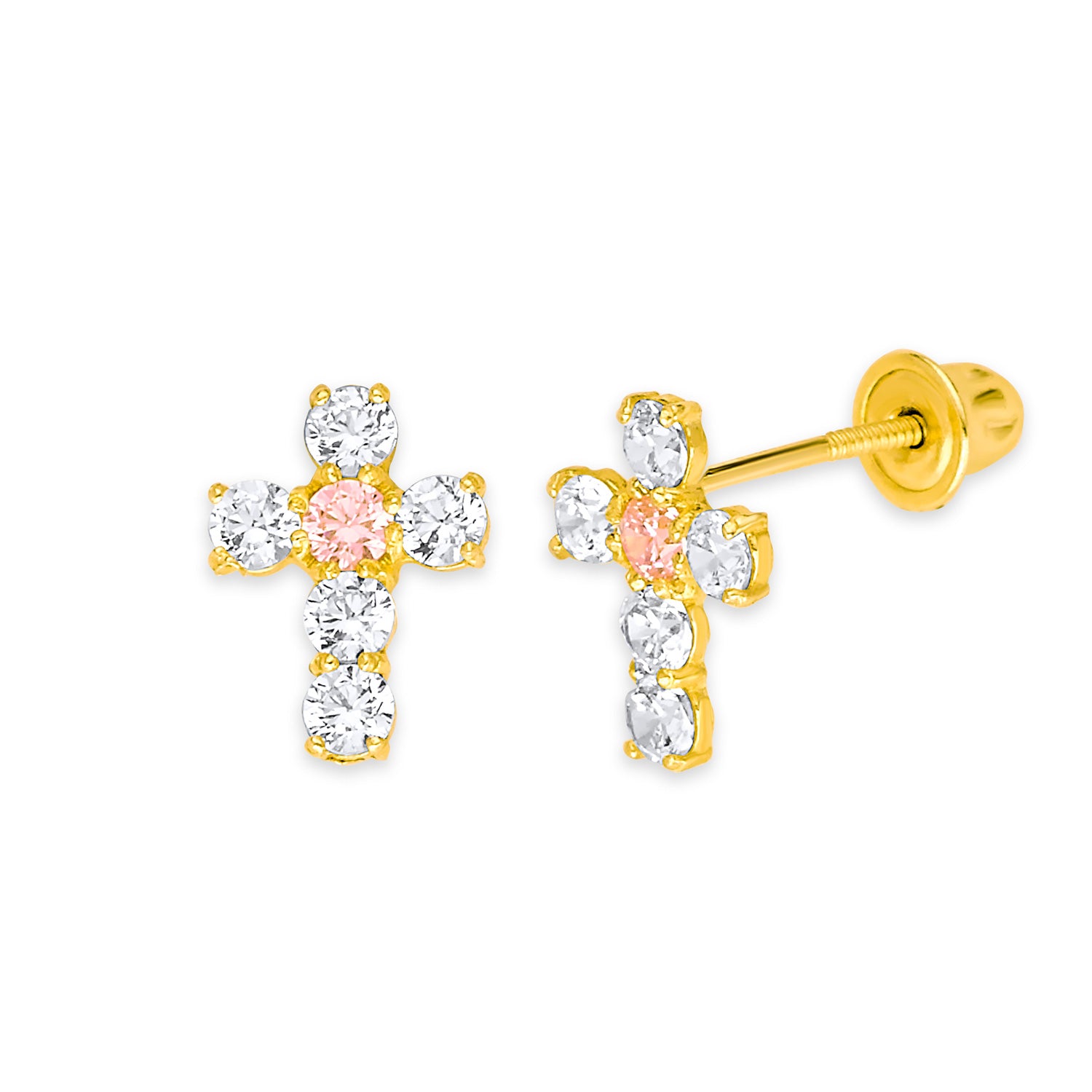 Cross Stud Earrings with Pink & White CZ in 14K Gold and Screw Backing