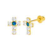 Cross Stud Earrings with Blue & White CZ in 14K Gold and Screw Backing