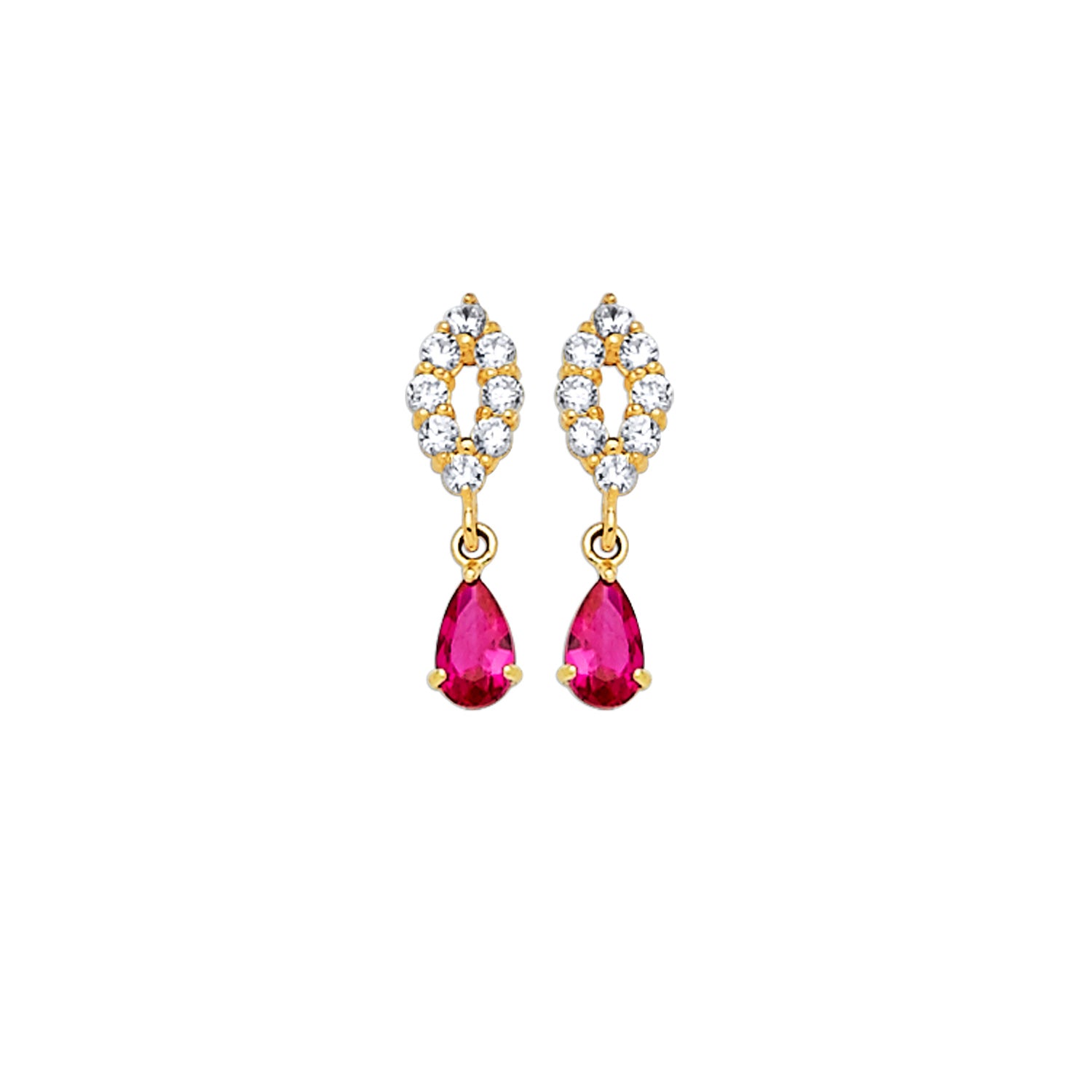 Teardrop Earrings with Red & White CZ in 14K Gold and Screw Backing