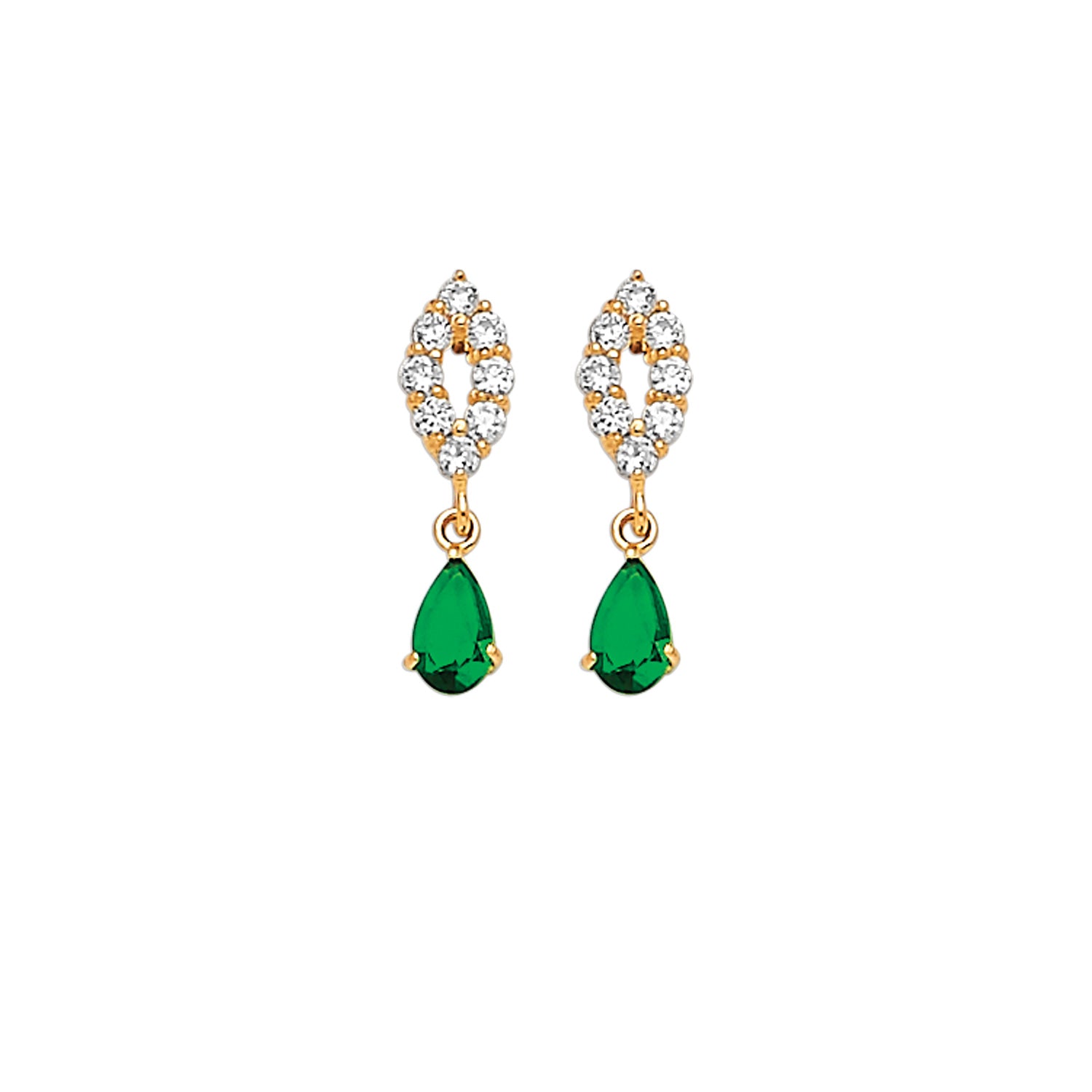 Teardrop Earrings with Green & White CZ in 14K Gold and Screw Backing