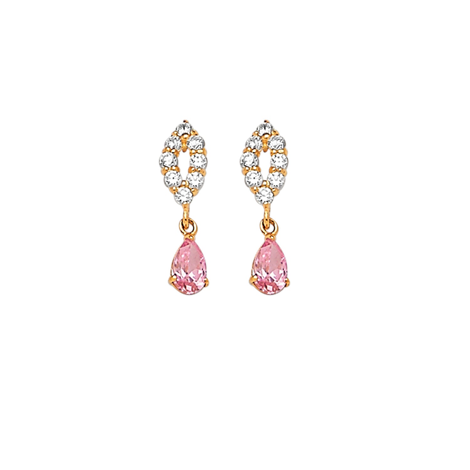Teardrop Earrings with Pink & White CZ in 14K Gold and Screw Backing