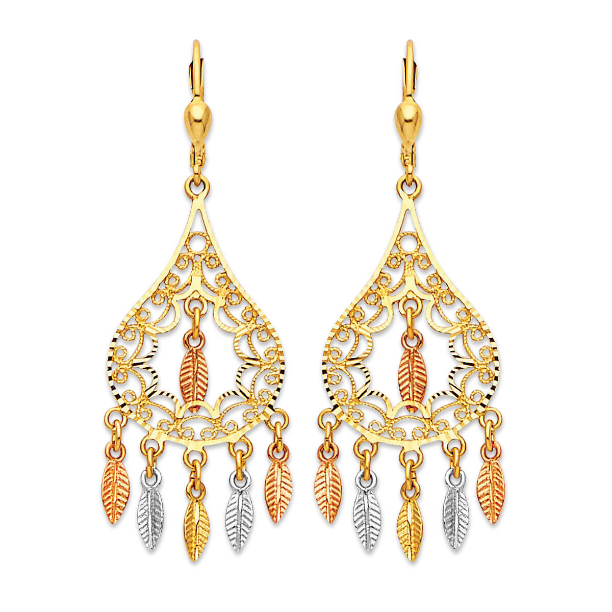 Leaf Chandelier Earrings in 14K Tri-Color Gold