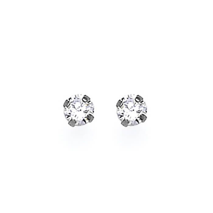 Solitaire Stud Earrings with White CZ in 14K White Gold and Butterfly Backing