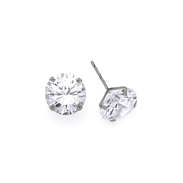 Solitaire Stud Earrings with White CZ in 14K White Gold and Butterfly Backing