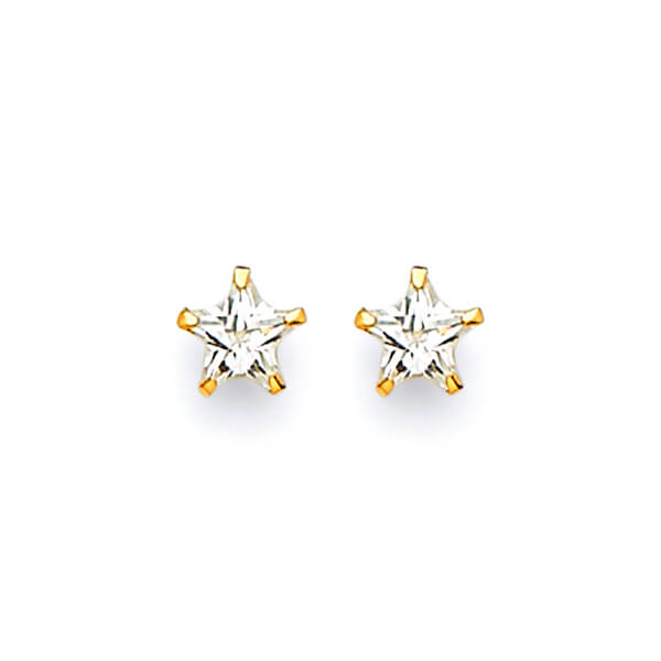 Star Solitaire Stud Earrings with White CZ in 14K Gold and Screw Backing