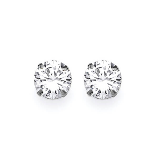 Solitaire Stud Earrings with White CZ in 14K White Gold and Butterfly Backing