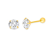 Solitaire Stud Earrings with White CZ in 14K Gold and Screw Backing