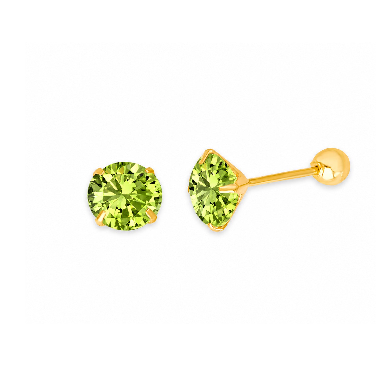 Solitaire Stud Earrings with Green CZ in 14K Gold and Screw Backing