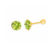 Solitaire Stud Earrings with Green CZ in 14K Gold and Screw Backing