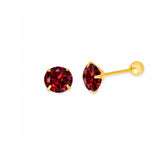 Solitaire Stud Earrings with Red CZ in 14K Gold and Screw Backing