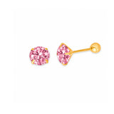 Solitaire Stud Earrings with Pink CZ in 14K Gold and Screw Backing