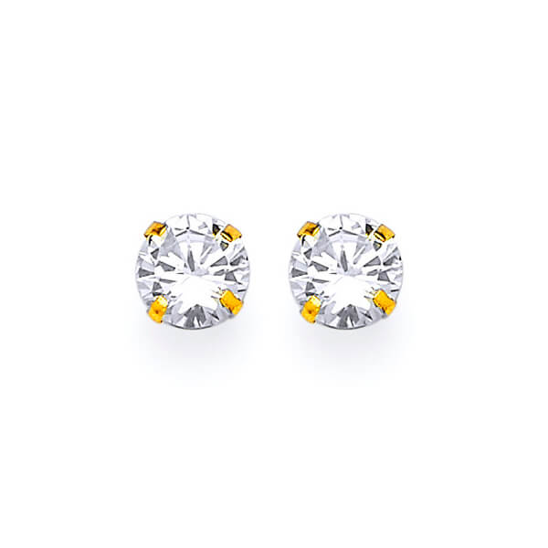 Solitaire Stud Earrings with White CZ in 14K Gold and Screw Backing