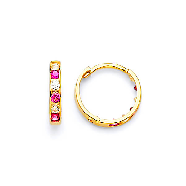Huggie Earrings with Red & White CZ in 14K Gold