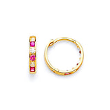 Huggie Earrings with Red & White CZ in 14K Gold