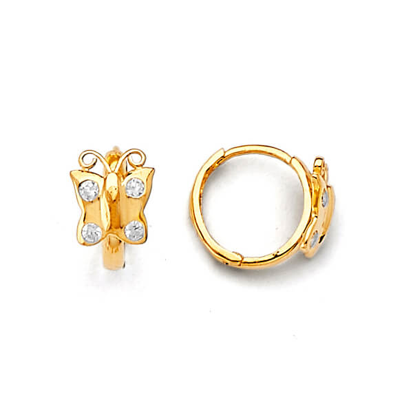 Butterfly Huggie Earrings with White CZ in 14K Gold