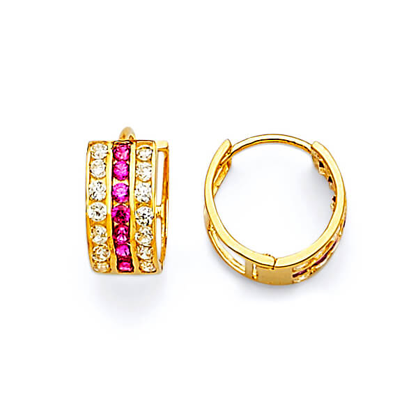 Huggie Earrings with Red & White CZ in 14K Gold
