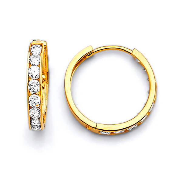 Huggie Earrings with White CZ in 14K Gold